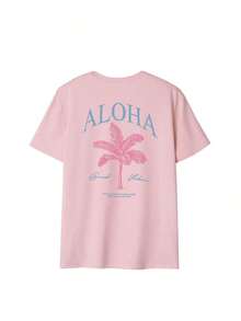 Camiseta de manga corta con cuello redondo y estampado de palmeras para mujer, estilo casual y moderno, tu prenda esencial diaria.Camiseta con Estampado, Tops para Mujer, Vacaciones de Verano - Rosa 3 - Ver 3