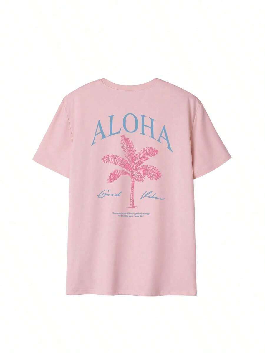 Camiseta de manga corta de gran éxito de de 2026. Nueva camiseta de primavera/verano para mujer con estampado de palmera y eslogan, cuello redondo informal, estilo resort de moda, tu artículo esencial diario. Camiseta con estampado, Top rosa, Resort - Rosa 3 - Ver 1