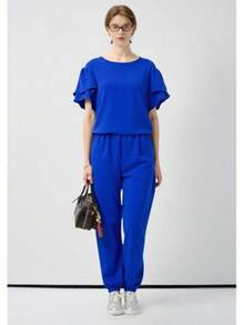 Conjunto Feminina Duna Manga curta Calça Jogger Verão Primavera - Azul - Visão 4