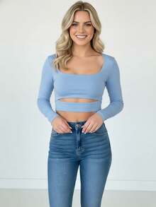 Elegant Women's Long-Sleeved Cropped Top With Front Cutout - Baby Blue - View 2