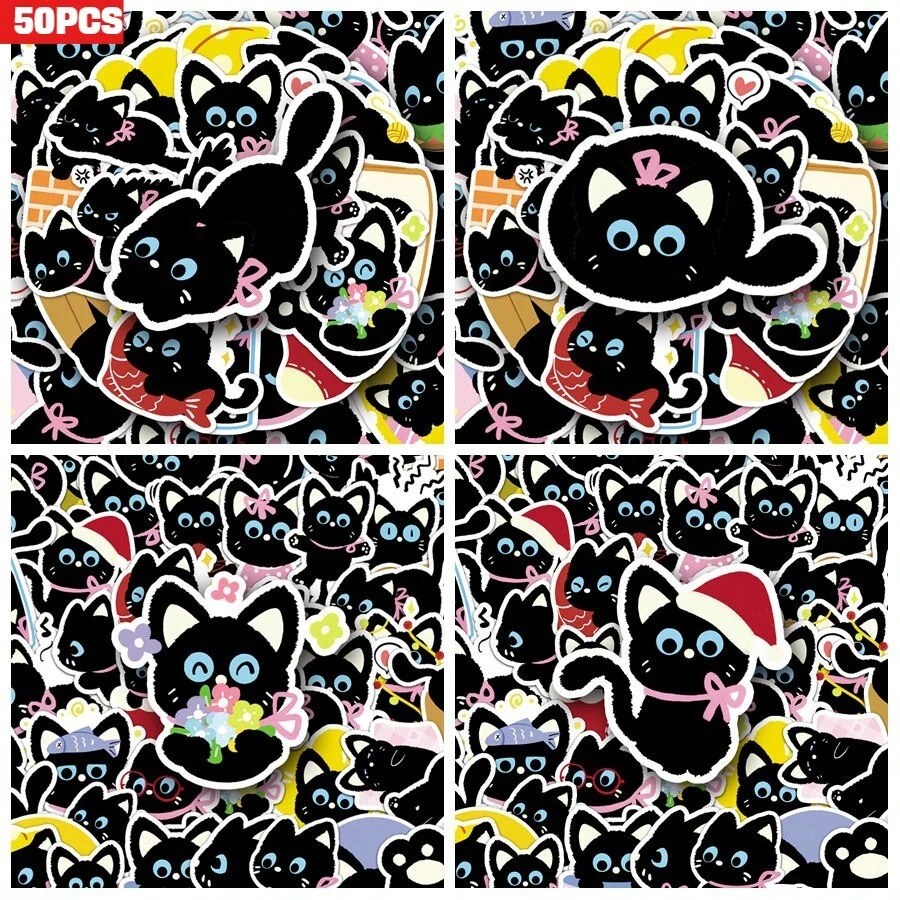 50张可爱黑猫卡通动物贴纸，适用于剪贴簿、日记本、笔记本电脑、水瓶、汽车等。寓意美好的设计，传递积极向上的信息，是馈赠佳品。 - 彩色 - 查看 1