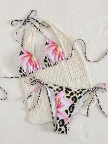 Bộ đồ bơi bikini hở lưng buộc dây phía trước họa tiết hoa gợi cảm, kỳ nghỉ ở bãi biển, xuân/hè - màu nâu - Xem 7