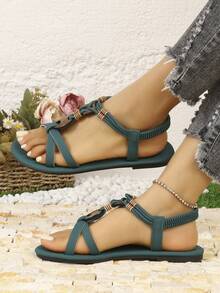 Giày sandal đế bằng màu trơn dành cho nữ, kiểu dáng Bohemian, quai chéo trang trí bằng gỗ, mang đến vẻ ngoài giản dị và lãng mạn, giày đi biển mùa hè. - màu xanh nhạt - Xem 5