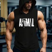 时尚无袖连帽健身背心，多功能大码男士服装，时尚印花设计展现个性 - 黑色 - 查看 2