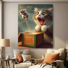 Framed 1pc Wooden Framed Humorous Cat And Mouse Canvas    High Quality Wall Art Prints Poster Direct Hanging Wall Picture Decor For Home Gifts, Christmas Gift, Living Room, Bathroom, Bedroom, Kitchen - Framed - 查看 5