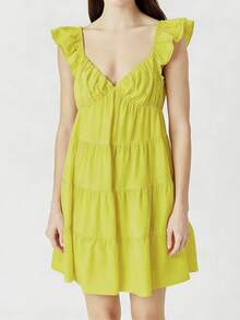 Women Tiered Mini Dress Solid V Neck Flutter Sleeve Backless A-Line Short Dress For Daily Party Club - Lemon Yellow - View 1