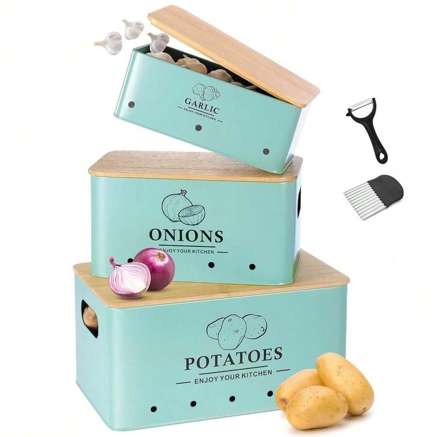 Kitchen Vegetable Storage Set Of 3, Metal Onion Garlic Potato Storage Set, Kitchen Canisters Vegetable Keeper Containers With Aerating Holes And Wooden Lid (Blue) - Blue - 查看 1