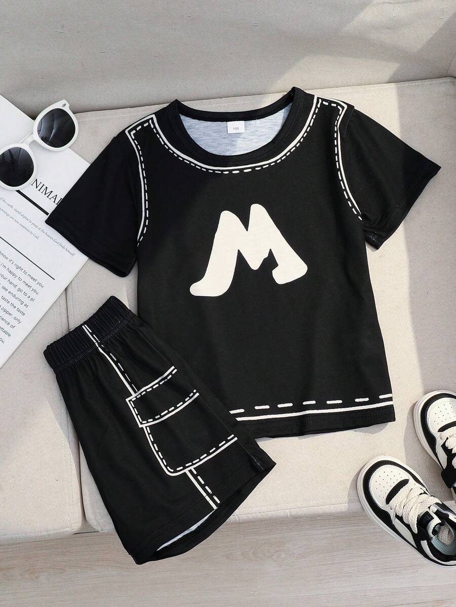 2pcs Summer M Logo Print Crew Neck Short Sleeve T-Shirt And Shorts Set, Lightweight, Breathable, Fashionable Casual Sportswear Outfit For Boys, Suitable For Outdoor Activities And Daily Wear - Black - View 1