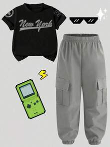 Tween Boy Letter Graphic Print Short Sleeve T-Shirt And Cargo Pants Set - Black - View 1
