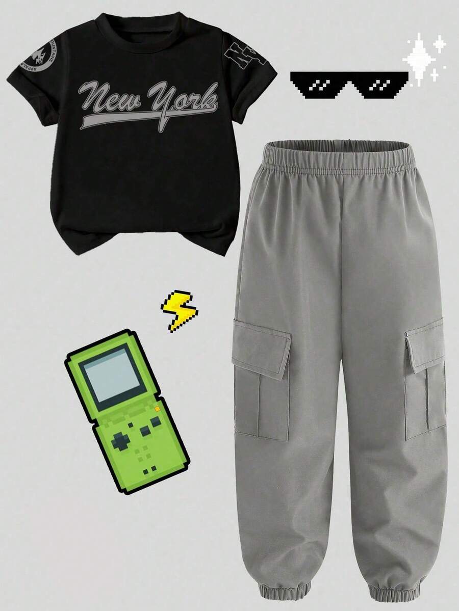 Tween Boy Letter Graphic Print Short Sleeve T-Shirt And Cargo Pants Set - Black - View 1