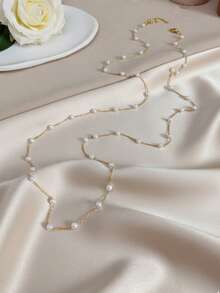 1 件金色不锈钢 18K 镀层链条配人造珍珠长项链，优雅奢华风格，适合日常佩戴 - 金色 - 查看 8