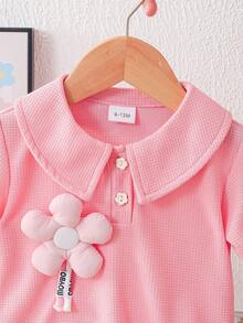 Baby Girls' Summer Waffle Knit Set, Including: Short Sleeve Top With Ruffled Collar, Floral Decor & Buttons; Matching Shorts; Soft & Breathable Waffle Fabric; Elevated With Intricate 3D Decorations; Suitable For Casual Outings And Light Social Occasions In Summer; Comfortable And Easy To Wear & Style - Pink - View 7
