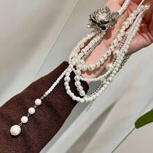 1 pieza Nueva cadena de suéter con cuentas de pétalos de lujo, elegante cadena de múltiples capas para la clavícula de mujer, adecuada para banquetes diarios y bodas - Blanco - Ver 3