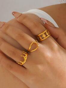 3 sztuki/zestaw ze stali nierdzewnej, pozłacanej 18-karatowym złotem, minimalistyczny, geometryczny, otwarty pierścień w kształcie elipsy, odpowiedni do codziennego noszenia przez kobiety - Wielokolorowe - Zobacz 2