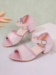 1 Pair Summer New Girls Sequin Princess Soft Sole Low Heel Dress Sandals, Pink - Pink - View 1