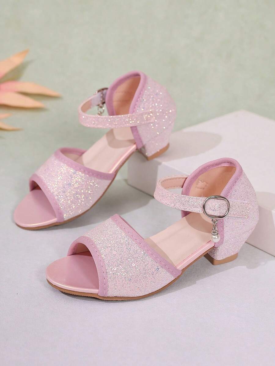 1 Pair Summer New Girls Sequin Princess Soft Sole Low Heel Dress Sandals, Pink - Pink - View 1