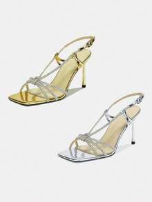 Women's New Open Toe Sandals, Strap Buckle Leopard Print High Heels, Sexy 10CM Super High Heel Sandals, Spring/Summer - Silver - View 4