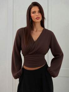 Women's New Elegant Casual Fashion Front Pleated Deep V Wrap Fitted Blouse - Deep V, Pleated Cuffs, Long Sleeve, Waist Bow Tie, Wrap Blouse, Lightweight Plain Weave Fabric - Brown - View 3