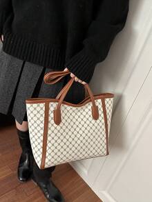 1 st vit PU-dragkedja med mönstertryck, nitinläggning, minimalistisk, praktisk axelväska med stor kapacitet, lämplig för kvinnors dagliga användning - Vitt - Visa 5