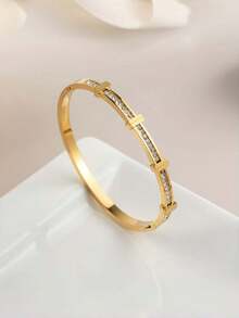 1 pieza Brazalete abierto con espaciador de circonita estrellado de lujo, brazalete minimalista de acero de titanio a la moda - Joyería elegante para mujeres, adecuado para uso diario y de fiesta - Multicolor - Ver 7