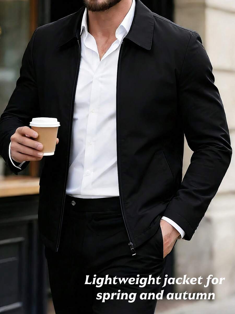 1pc Men's Casual Turndown Collar Jacket, Business Gentleman Casual Jacket Top For Spring & Autumn, Business Formal Style - Black - View 1