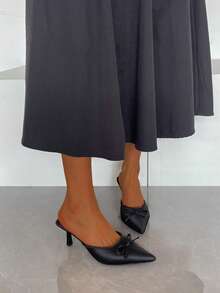 Fashionabla spetsiga tåsandaler med rosett, höga klackar för kvinnor, bekväma mångsidiga sandaler med stängd tå och rygglösa ryggar - Svart - Visa 5