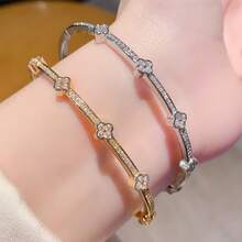 1pc 18K Gold Plated Copper Four-Leaf Clover Encrusted With Cubic Zirconia Bracelet, Suitable For Daily Wear And Holiday Gifts - Multicolor - View 4