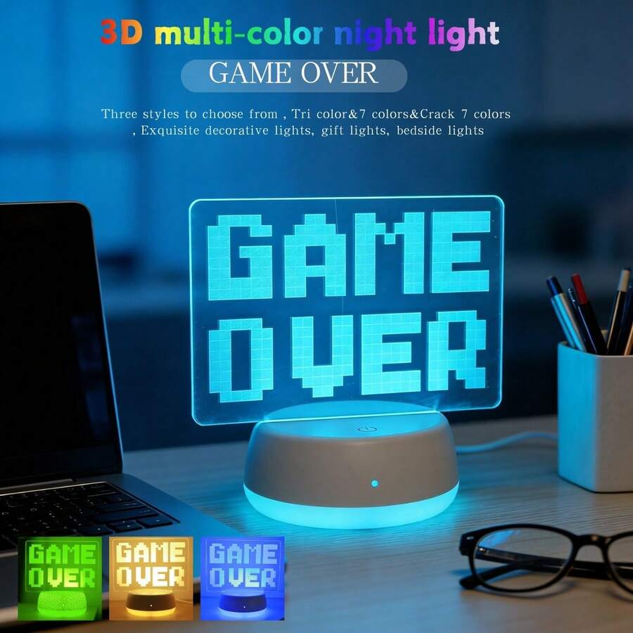1 chiếc đèn ngủ để bàn có chữ "GAME OVER", dùng nguồn USB, trang trí bàn làm việc hiện đại, thích hợp làm quà sinh nhật/Giáng sinh cho game thủ, trang trí phòng ngủ hoặc phòng chơi game - phụ kiện phòng chơi game thú vị, đèn dùng nguồn USB. - Chữ in hoa - Xem 1
