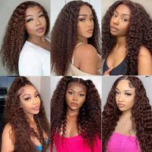34 Inches Chocolate Brown Curly Lace Front Wigs Colored  Human Hair Wigs Pre Plucked Deep Wave 13X4 Hd Lace Frontal Brazilian Wig - S4 - Xem 6