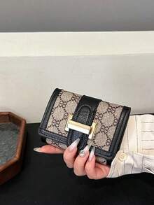 Women's Tri-Fold Flap Closure Short Black Floral Print Classic Multi-Card Holder Anti-Scan Bank/ID Card Vintage Style Compact Wallet - 黑色 2 - 查看 5