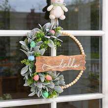 Spring Easter Wreath With Hello Sign - Wooden Bead And Faux Greenery Door Decor, Pastel Eggs Hanging Wreath For Front Door, Entryway, Porch Farmhouse Decor - Multicolor - View 4