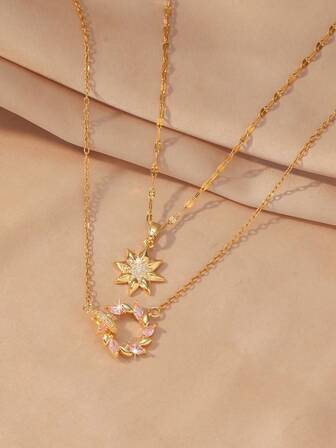 Set de 2 collares con diseño floral y estrellado, uno con hexagrama pavimentado completamente con circonita cúbica y otro con colgante de corona floral rosa, con un diseño delicado y dulce de gargantilla, versátil para vestidos, camisas, citas y salidas de primavera/verano