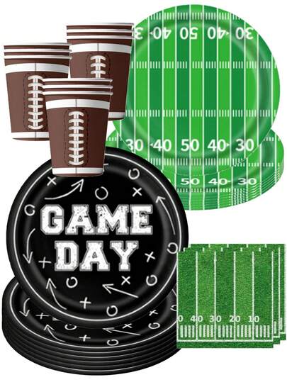 40Pcs Football Game Day Party Supplies Set - Black 'Game Day' & Green Field Pattern Disposable Paper Plates Cups & Napkins | Festive Tableware For Sports Fan Game Watching Gatherings & Football Birthday Celebrations | Bold Football Decor For Home Party Favors & Tailgate Celebration Essentials