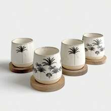 4pcs Minimalist Ceramic Mini Espresso Cups Set With Wooden Tray, Small Capacity Concentrated Coffee Cups, Coconut Tree Design Tasting Cups, Suitable For Home, Office, Cappuccino, Latte, Couple Cups