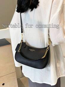 New Fashion Classic Versatile Letter Graphic Decor Solid Color Waterproof PU Fabric Shoulder Bag, Crescent Bag, Underarm Bag, Suitable For Shopping, Can Be Worn Crossbody.Crescent Bag For Summer, Suitable For Beach Vacation, Back To School Season, Women Wallet. - 黑色 - 查看 5
