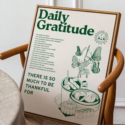1幅复古绿色励志感恩每日海报，房间装饰美学可爱向日葵蝴蝶食物帆布墙画复古墙饰，适用于厨房、餐厅、家居装饰，无框，生日、毕业礼物。