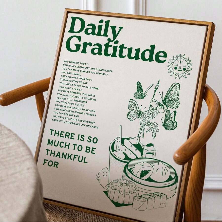 1幅复古绿色励志感恩每日海报，房间装饰美学可爱向日葵蝴蝶食物帆布墙画复古墙饰，适用于厨房、餐厅、家居装饰，无框，生日、毕业礼物。 - A - 查看 1
