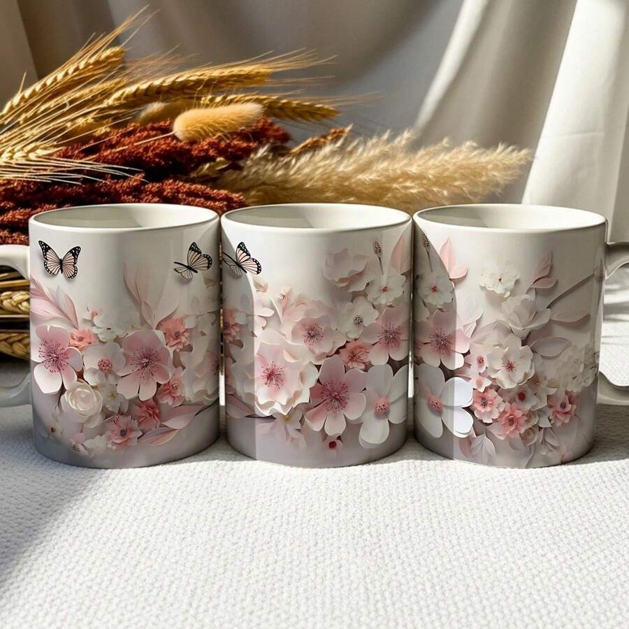 1 Piece Elegant Floral Coffee Cup & Tea Cup - 11oz Ceramic Cup, Pink & White Flower Butterfly Design, Dishwasher - Suitable For Home, Office Or Gift - Birthday, Mother's Day Gift - Durable Ceramic Construction - Black - View 1