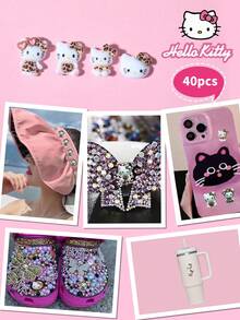 SANRIO 40件套卡通美甲装饰套装，4款豹纹猫咪图案DIY迷你水钻平面贴纸美甲贴 - 彩色 - 查看 6