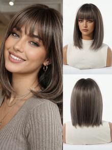 12-Inch Women's Ombre Bangs Bobo Wig - Made Of Heat-Resistant Silk Material, With Rose Net Cap - Elegant And Natural, Suitable For Daily Wear, Perfect For Family Gatherings, Daily Travel, And An Ideal Gift For Girls On Holidays - Gray Highlight - View 3
