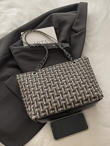 Bolsa Tote de Grande Capacidade para Mulheres, Nova Bolsa Versátil Casual, Bolsa de Ombro Xadrez de Moda Coreana para Transporte, Bolsa de Grande Capacidade Europeia e Americana no Exterior, Nova Bolsa Ins 2026, Bolsa Tote Texturizada Xadrez para Transporte - Preto - Visão 9