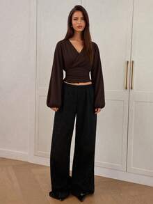 Women's New Elegant Casual Fashion Front Pleated Deep V Wrap Fitted Blouse - Deep V, Pleated Cuffs, Long Sleeve, Waist Bow Tie, Wrap Blouse, Lightweight Plain Weave Fabric - Brown - View 4