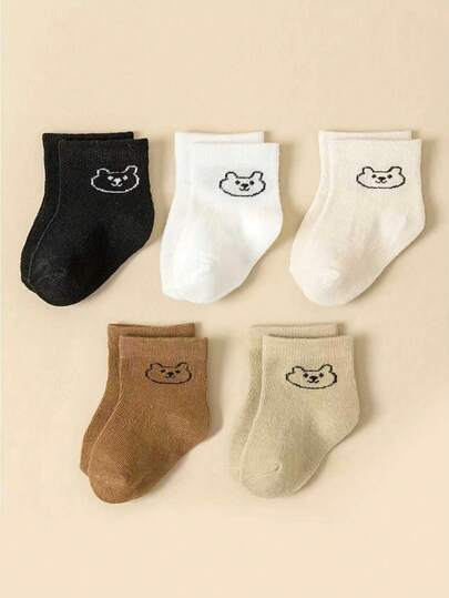 5 Pairs Cute Line Drawing Bear Print Ankle Socks, Suitable For All Seasons, Outdoor Activities