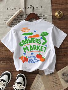 Camiseta de manga corta con cuello redondo y estampado casual para niñas preadolescentes, top de verano - Blanco - Ver 4