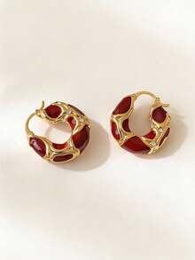 Vintage-Inspired Lightweight Hoop Earrings - Gold Metal With Deep Red Accents & Crystal Embellishments, Effortless Ear Clasp Design For Work & Weekend Wear - Red - View 13