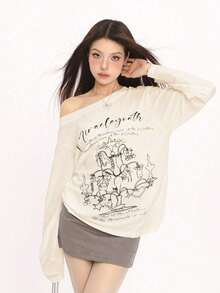 涂鸦露肩T恤防晒披肩，女士宽松长袖薄款空调衫，夏季 - 杏色 - 查看 5