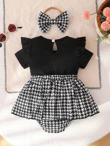 女婴时尚休闲可爱蝴蝶结千鸟格印花圆领短袖连体衣，配发带，夏季 - 黑色 - 查看 3