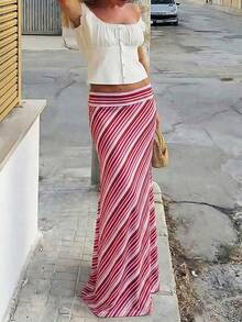 New Stylish Elegant Knitted Fabric Printed Striped Maxi Skirt, Suitable For Beach, Holiday, Daily Wear, Travel Spring - Red - View 5