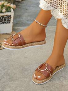 Sandalias planas de playa de PU de color marrón óxido versátiles y de moda para uso diario casual, tallas grandes del 35 al 45, para mujeres - PU marrón óxido - Ver 2