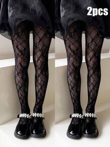 2pcs Girls' Mesh Hollow Leggings, Cute & Sweet Skinny Tights, Spring/Summer